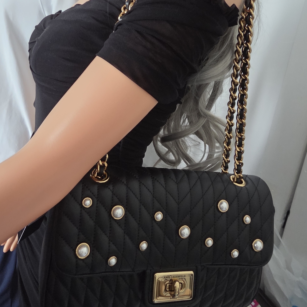 Karl Lagerfeld Black Quilted Shoulder Bag with Gold Chain and Pearl Accents - Picture 9 of 9